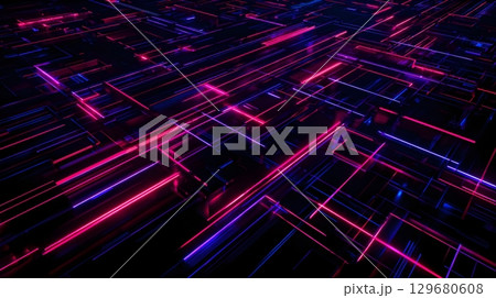 Futuristic neon lines and glowing shapes form a dynamic digital grid. 129680608