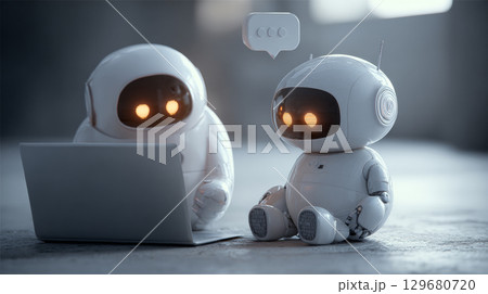 3D Rendering of AI Chatbots Interacting on Computer Interface. Generative AI 129680720