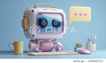 3D Rendering of AI Chatbots Interacting on Computer Interface. Generative AI 129680721