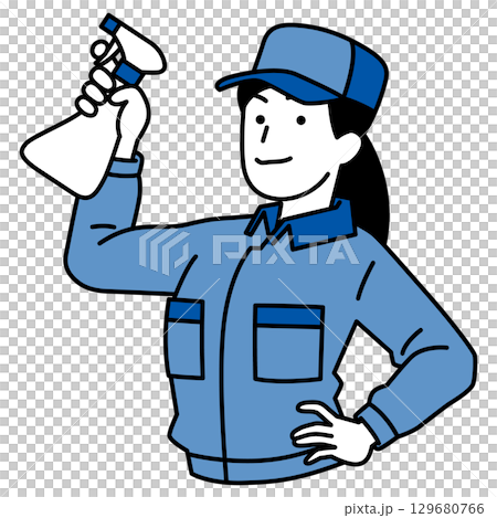 スプレー洗剤を構える清掃業者の女性 スプレー洗剤を構える清掃業者の女性 129680766