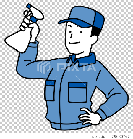 スプレー洗剤を構える清掃業者の男性 スプレー洗剤を構える清掃業者の男性 129680767