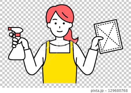 スプレー洗剤と雑巾を持つエプロン姿の女性 129680768