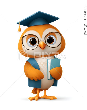 Cute cartoon owl wearing graduation cap and glasses, holding a book. 129680802
