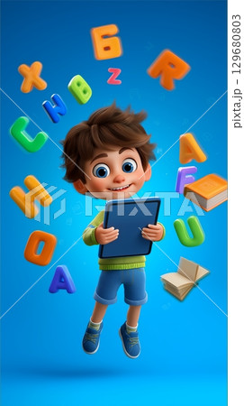 A colorful 3D illustration of a young child holding a digital tablet surrounded by floating letters 129680803