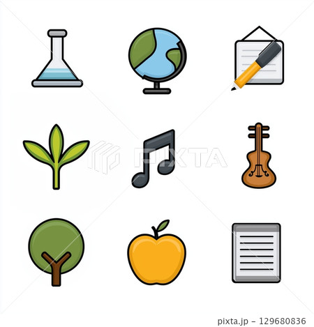 A collection of colorful icons representing education and creativity, including a flask, globe 129680836