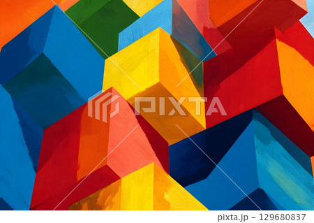 Abstract artwork featuring colorful 3D geometric cubes in vibrant hues of blue, red, yellow, green 129680837