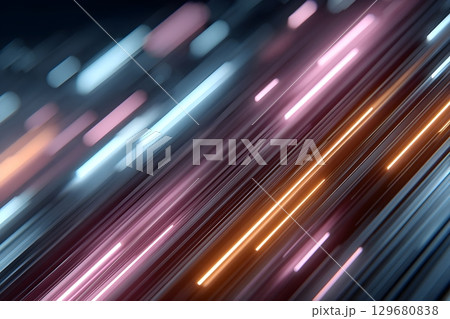Abstract motion blur of glowing neon light streaks in pink, orange, and blue tones 129680838