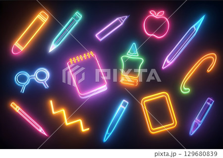 Vibrant neon illustration of school supplies, including pencils, pens, notepad, apple, glasses, glue 129680839