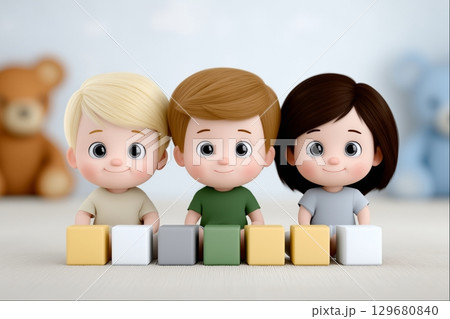 Cute 3D cartoon children sitting with colored blocks. Teddy bear in the background adds to a playful 129680840