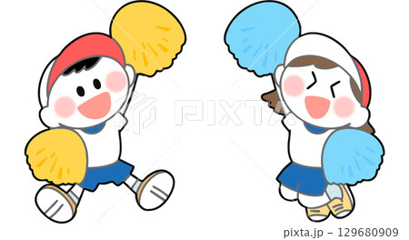 運動会　ポンポンで応援する子どもたちのイラスト 129680909