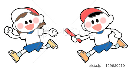 運動会　リレーをする子どもたちのイラスト 129680910