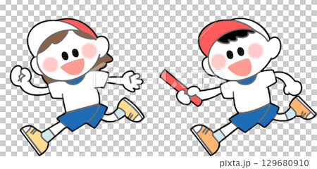 運動会　リレーをする子どもたちのイラスト 129680910