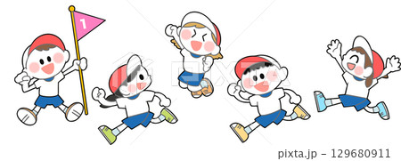 みんなで楽しくかけっこする5人の子どもたちのイラスト 129680911
