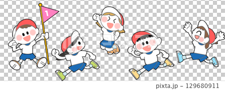 みんなで楽しくかけっこする5人の子どもたちのイラスト 129680911