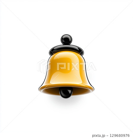 A glossy 3D yellow notification bell with black details on a white background. A glossy 3D yellow notification bell with black details on a white background. 129680976