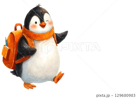 Adorable illustration of a penguin wearing an orange scarf and backpack, winking playfully. 129680983