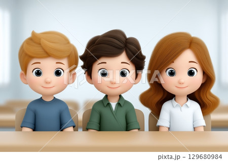 Three cartoon-style characters sitting behind desks in a bright room. 129680984
