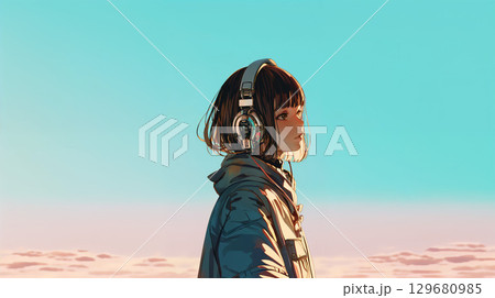 ヘッドフォンで音楽を聴く女性 129680985