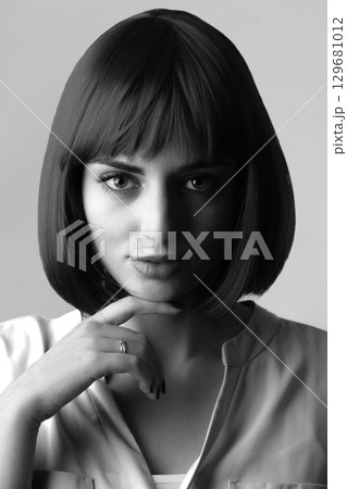 Beautiful woman with bob style haircut studio portrait 129681012
