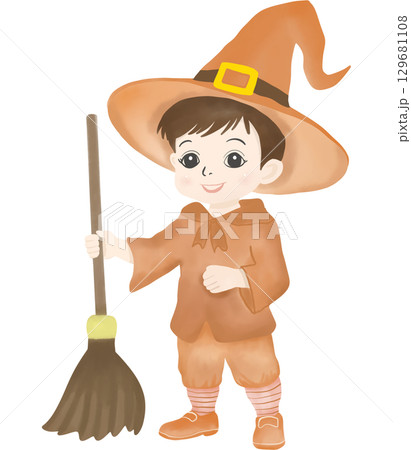 Adorable illustration of a young boy dressed as a wizard, wearing a pointed hat and holding a broomstick. Adorable illustration of a young boy dressed as a wizard, wearing a pointed hat and holding a broomstick. 129681108