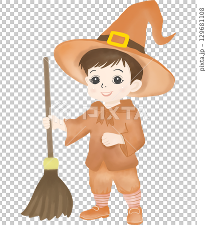 Adorable illustration of a young boy dressed as a wizard, wearing a pointed hat and holding a broomstick. 129681108