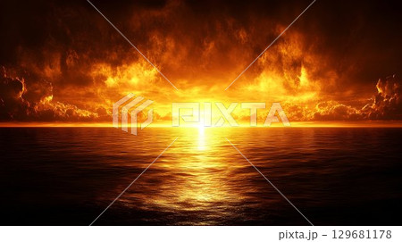 Fiery Sunset over a Calm Ocean: Inferno Hues at Horizon Fiery Sunset over a Calm Ocean: Inferno Hues at Horizon 129681178