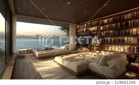 Luxurious Bedroom with Ocean View, Bookshelves, and Modern Inter 129681208