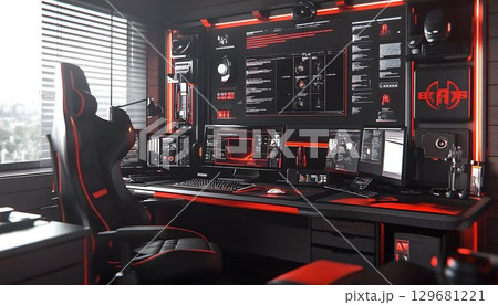 Red Accented Cybernetic Gaming Workstation Near Window 129681221