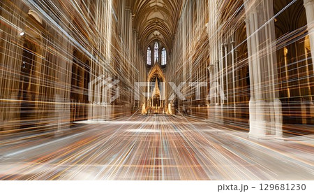 Light Streaks Through Gothic Cathedral Interior, Abstract Archit 129681230