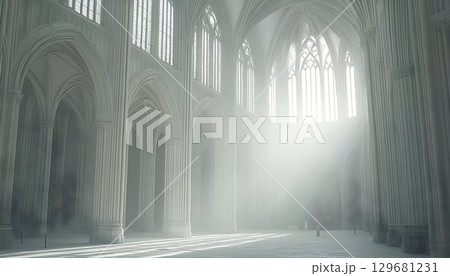 Sunlit Gothic Cathedral Interior:  Misty Light and Stone Columns 129681231
