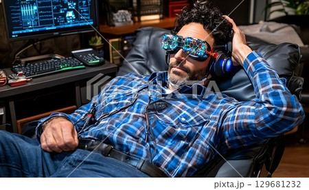 Relaxed Man Experiencing VR Technology with Advanced Headset and 129681232