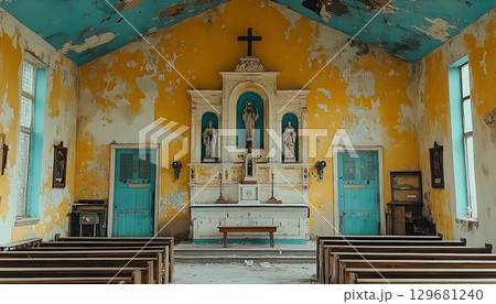 Abandoned Church Altar with Teal Doors and Peeling Paint Abandoned Church Altar with Teal Doors and Peeling Paint 129681240