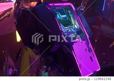 Cyberpunk Arcade Machine Fragmented in Neon Glow, Shattered Real 129681248