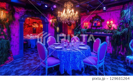 Lavish Dining Room with Purple and Pink Lighting, Chandelier and 129681264