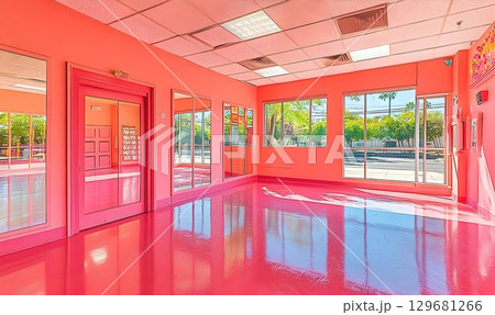 Vibrant Coral Interior with Reflective Floor and Windows 129681266