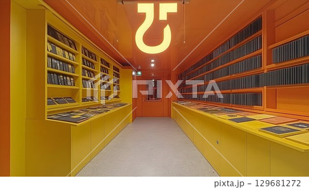 Brightly Lit Vinyl Record Store with Unique Architectural Design 129681272
