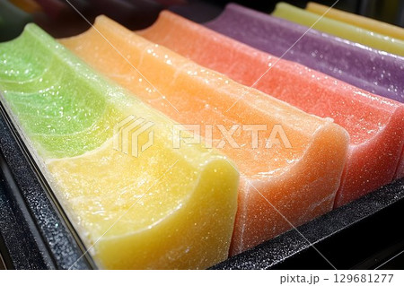 Colorful Frozen Treats: A Close-Up View of Rainbow-Hued Ice Pops 129681277