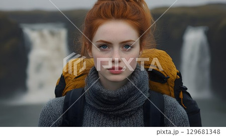 Redhead Hiker with Backpack Stares Intensely Against Waterfall B 129681348