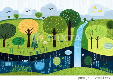 Colorful Illustration of a Lush Landscape with a Waterfall and R Colorful Illustration of a Lush Landscape with a Waterfall and R 129681365