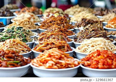 Korean Banchan Variety: A Colorful Display of Side Dishes in Whi 129681367