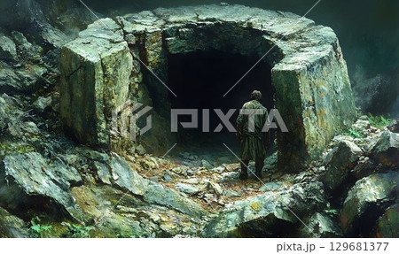 Enigmatic Cave Entrance: A Lone Figure Contemplates the Unknown Enigmatic Cave Entrance: A Lone Figure Contemplates the Unknown 129681377