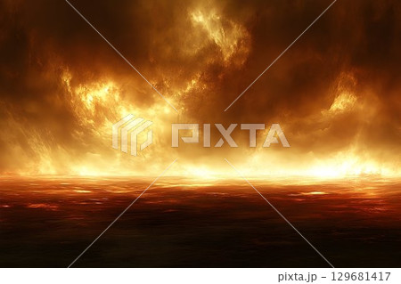 Fiery Horizon: Dramatic Landscape of Burning Skies and Molten Te 129681417