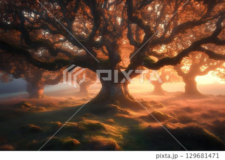 Golden Hour Light Filtering Through Ancient Mossy Oak Trees in a Golden Hour Light Filtering Through Ancient Mossy Oak Trees in a 129681471