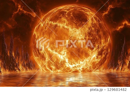 Fiery Planet Over a Scorched Landscape 129681482