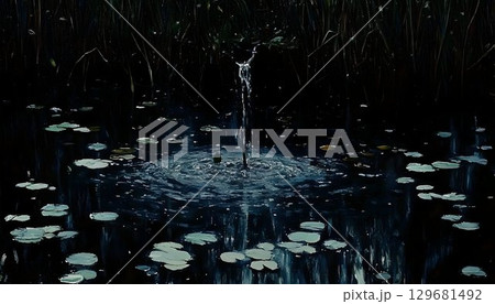 Dark Pond Reflection with Water Droplet and Lily Pads Oil Painti Dark Pond Reflection with Water Droplet and Lily Pads Oil Painti 129681492