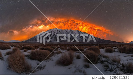 Fiery Milky Way Arching Over Snowy Mountain Peak 129681523