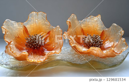 Amber Resin Poppy Flower Sculptures on Abstract Base 129681534
