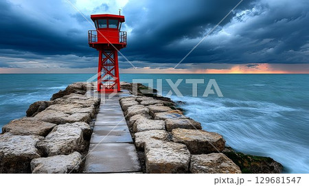 Red Coastal Lookout Tower at Stormy Seascape 129681547