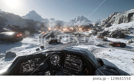 Cockpit View of a Frozen Battlefield in a Sci-Fi Setting Cockpit View of a Frozen Battlefield in a Sci-Fi Setting 129681558