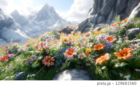 Vibrant wildflower meadow with orange daisies against a backdrop 129681560